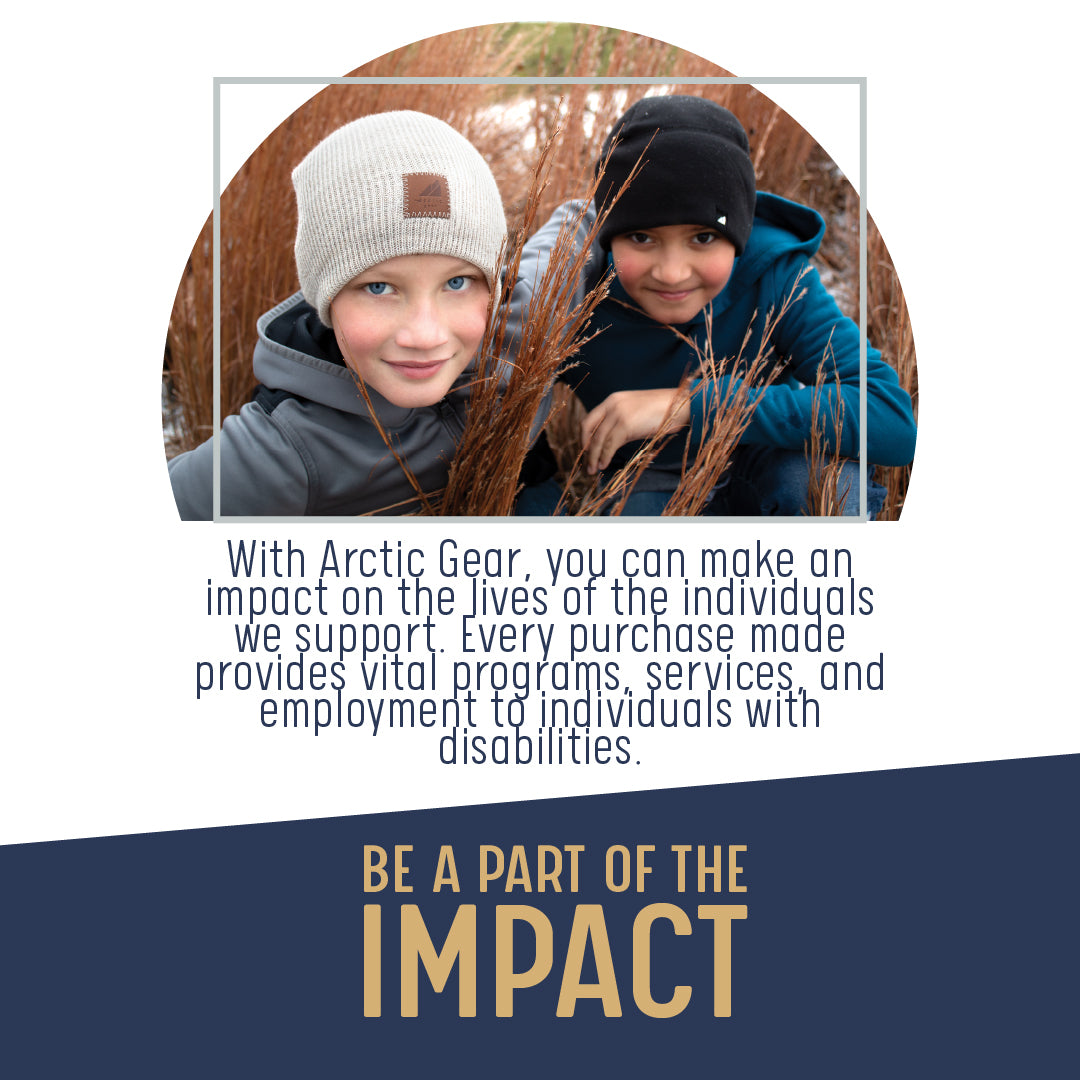 Two children in outdoor setting with text about Arctic Gear's impact on individuals with disabilities.