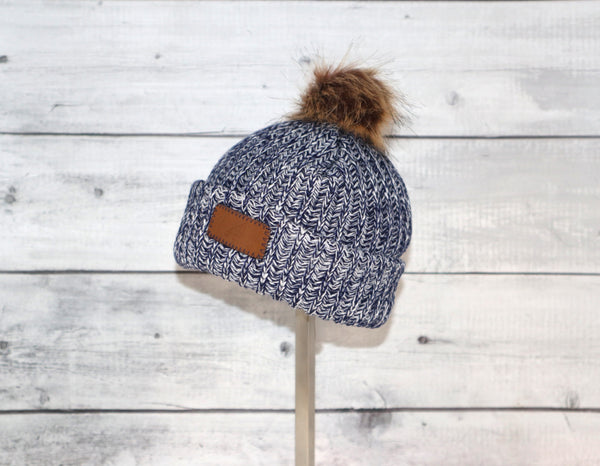 Infant Acrylic Ribbed Cuff with Pom in Navy and White
