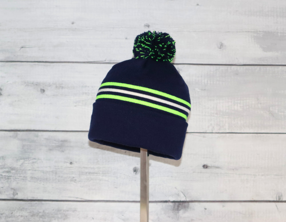 Toddler Specialty Hat in Blue and Green Striped with Pom