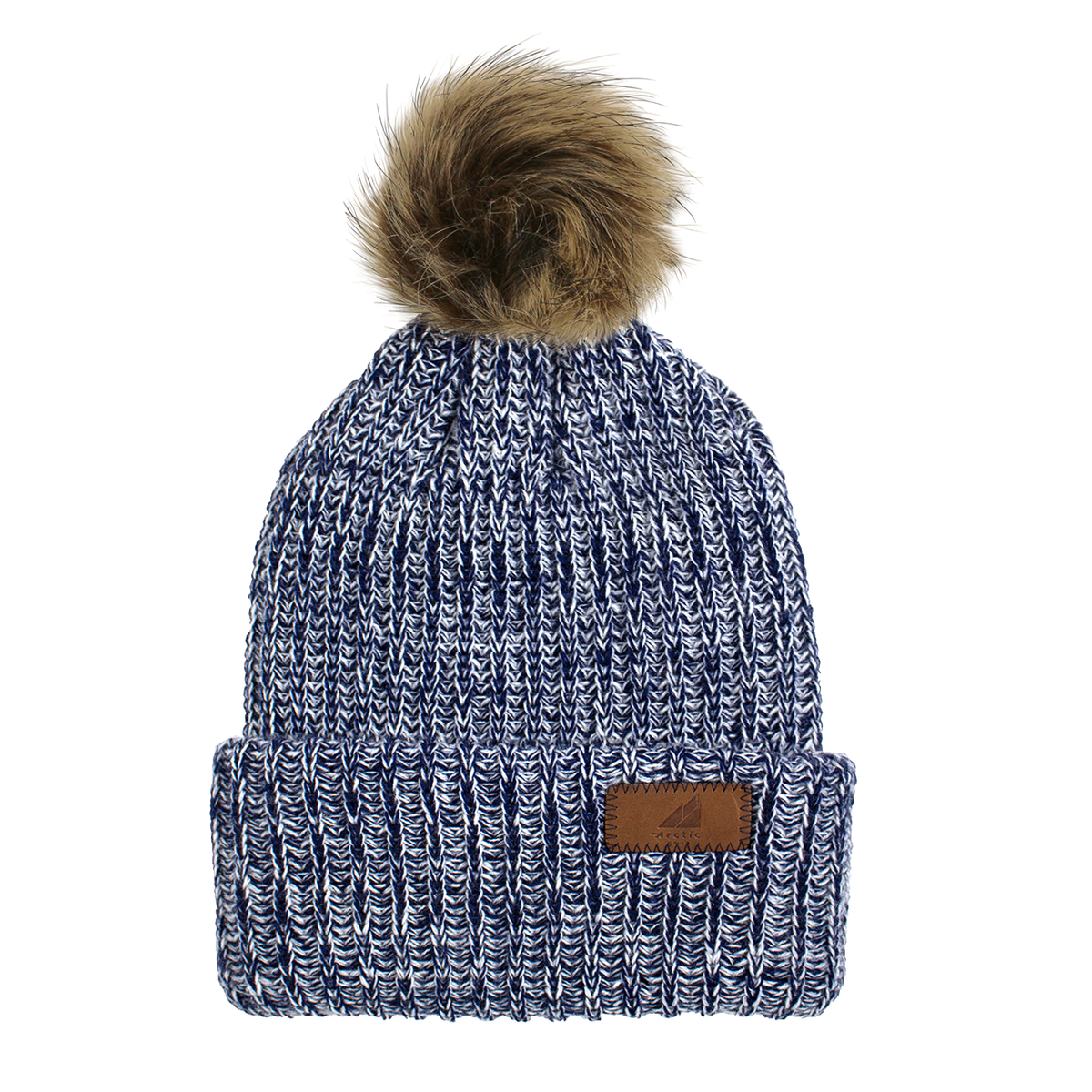 Adult Acrylic Ribbed Cuff Winter Hat with Pom Navy and Natural Blended with Shepard Pom