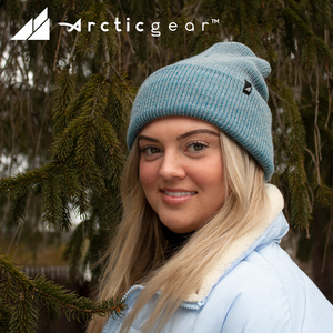 Model Wearing Adult Acrylic Cuff in Blue and Gray