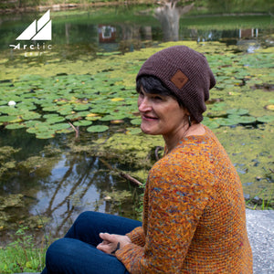 Model Wearing Adult Acrylic/Wool Beanie in Brown