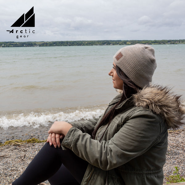 Model Wearing Adult Acrylic/Wool Beanie in Cream