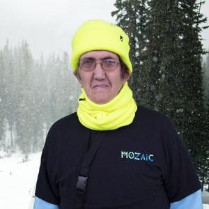 Model Wearing Adult Fleece Neck Gaiter in Neon Yellow