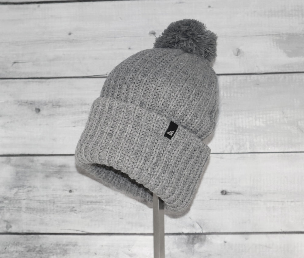 Adult Acrylic Ribbed Cuff with Matching Pom in Gray