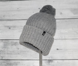 Adult Acrylic Ribbed Cuff with Matching Pom in Gray