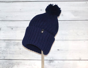 Adult Acrylic Ribbed Cuff with Matching Pom in Navy