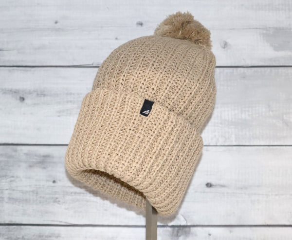 Adult Acrylic Ribbed Cuff with Matching Pom in Tan