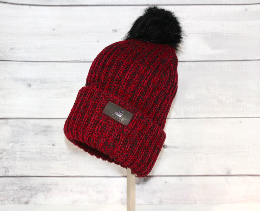 Adult Acrylic Ribbed Cuff with Pom in Red and Black