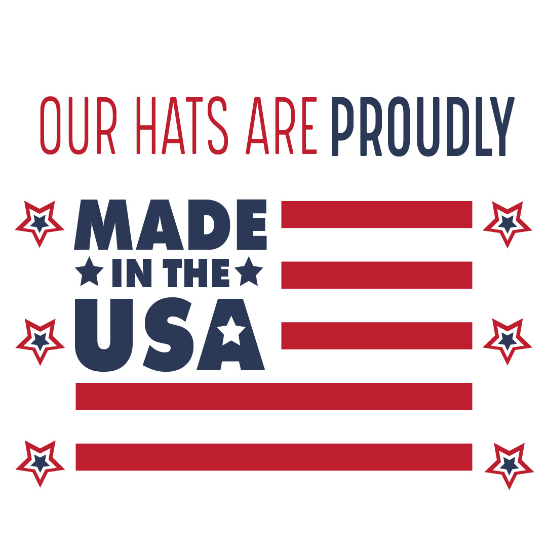 Text 'Our hats are proudly made in the USA' with American flag design on a white background