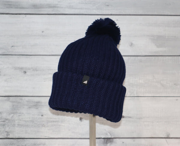 Child Acrylic Ribbed Cuff with Matching Pom in Navy