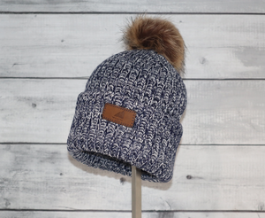 Child Acrylic Ribbed Cuff with Pom in Navy and White