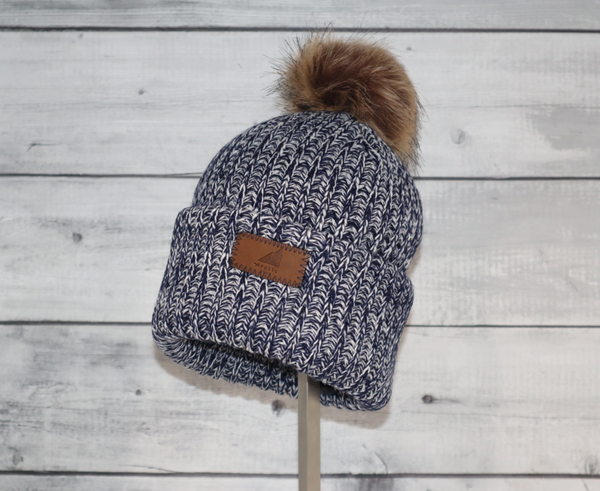 Child Acrylic Ribbed Cuff with Pom in Navy and White