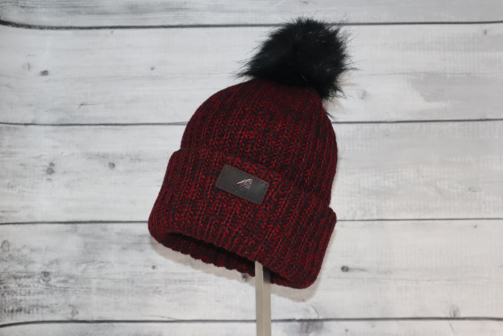 Child Acrylic Ribbed Cuff with Pom in Red and Black