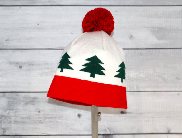 Child Specialty Hat in Red and Green Holiday Trees with Pom