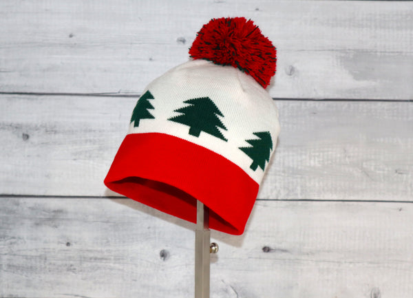 Child Specialty Hat in Red and Green Holiday Trees with Pom