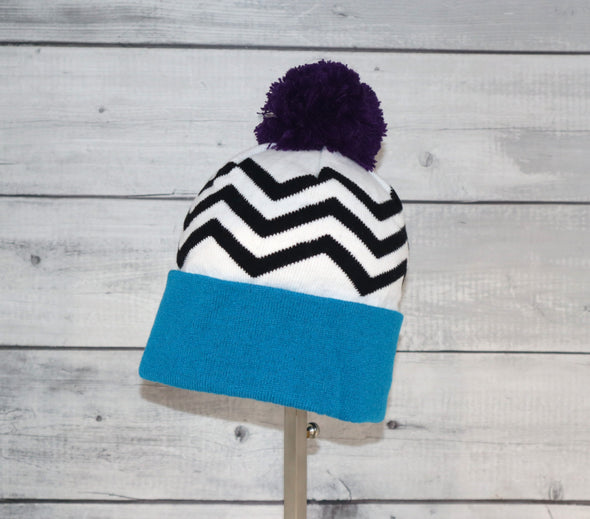 Child Specialty Hat in Teal and Purple Chevron with Pom