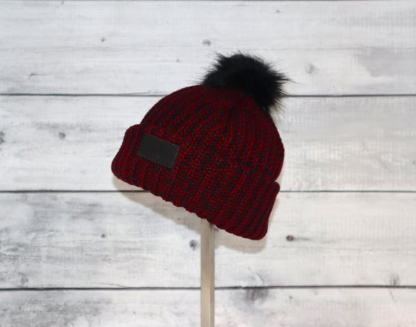 Infant Acrylic Ribbed Cuff with Pom in Red and Black