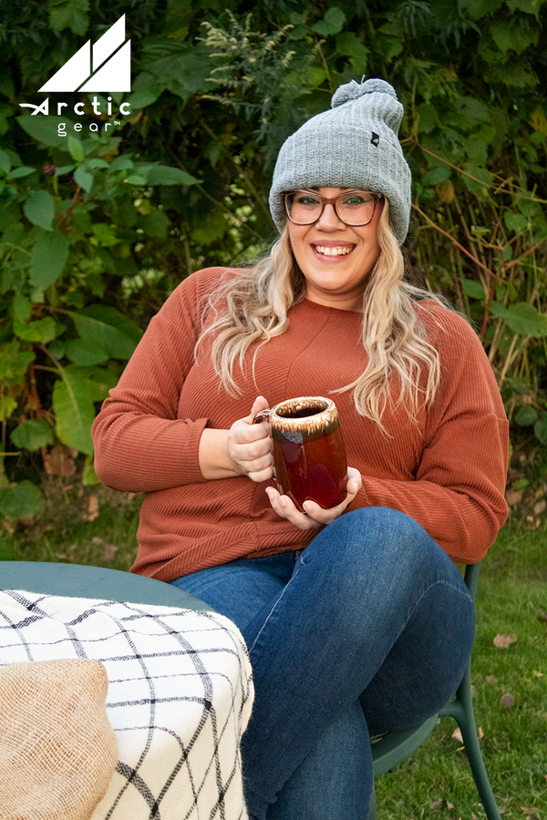 Model Wearing Adult Acrylic Ribbed Cuff with Matching Pom in Gray