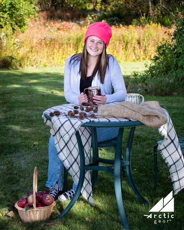Model Wearing Adult Fleece Cap in Neon Pink