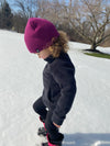 Model Wearing Child Acrylic Cuff in Plum and Purple