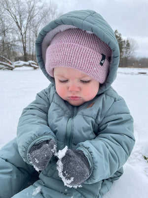 Model Wearing Infant Acrylic Cuff in Purple and White 