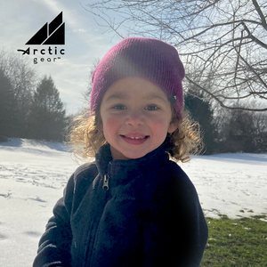 Model Wearing Toddler Acrylic Beanie in Plum and Purple