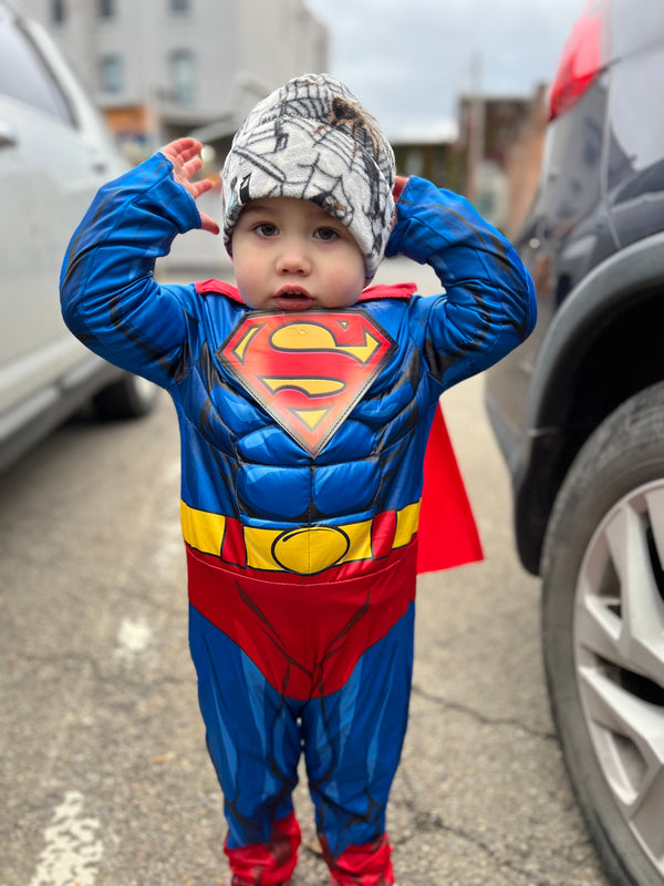 Model Wearing Toddler Fleece Cap in Spooky Halloween