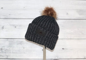 Toddler Acrylic Ribbed Cuff with Pom in Black and Gray