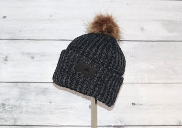 Toddler Acrylic Ribbed Cuff with Pom in Black and Gray