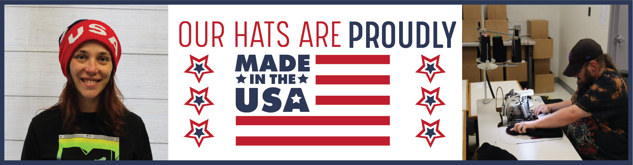 Person wearing a 'Made in the USA' hat with text and an American flag graphic.