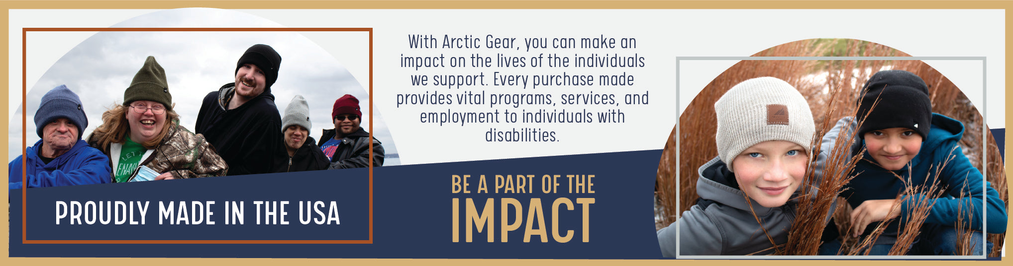 Promotional banner for Arctic Gear with text and images of people outdoors, featuring a blue and brown color scheme.