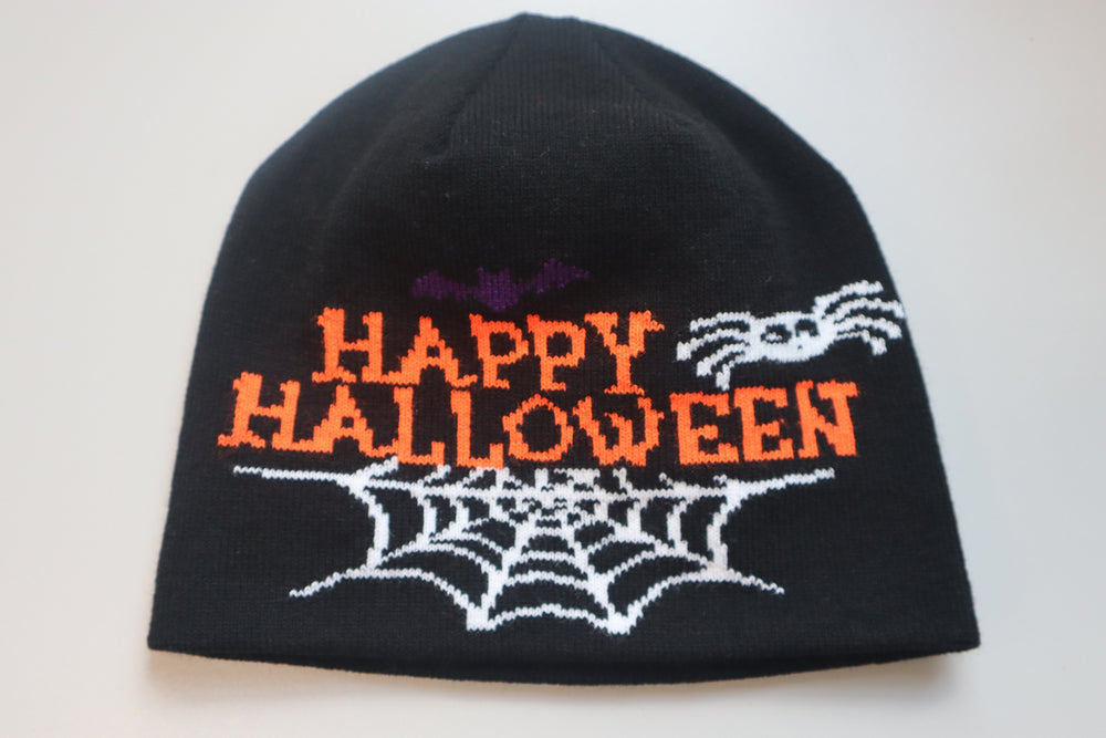 black hat with Happy Halloween saying and spider web