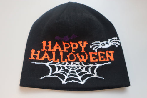 black hat with Happy Halloween saying and spider web