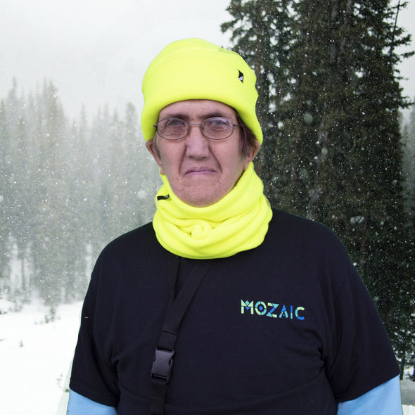 Model Wearing Adult Fleece Neck Gaiter in Neon Yellow