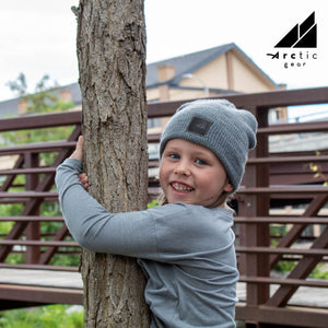 Model Wearing Child Acrylic/Wool Beanie in Gray