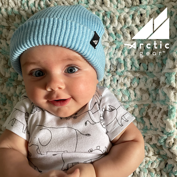 Model Wearing Newborn Acrylic Cuff in Baby Blue