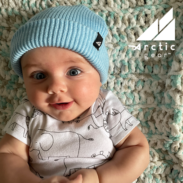Model Wearing Newborn Acrylic Cuff in Baby Blue