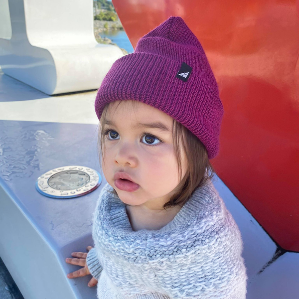 Model Wearing Toddler Acrylic Cuff in Plum and Purple 